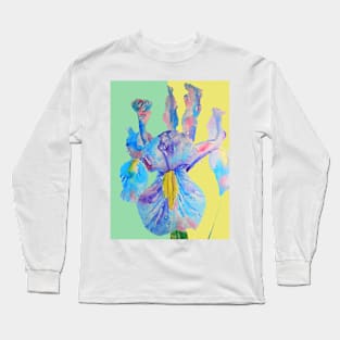 Iris Watercolor Painting - Blue with Raindrops - on Yellow and Mint Long Sleeve T-Shirt